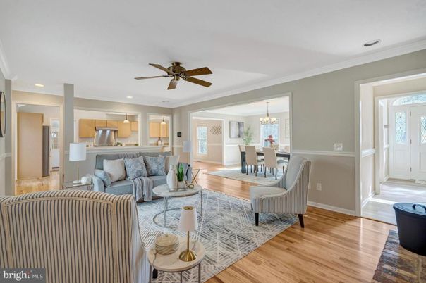 Chandelier, Dining room, Interior, Kitchen, Living room, Recessed Lighting, Stainless Steel Appliances, Wood Texture Flooring