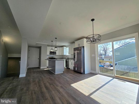 Interior, Kitchen, Pendant Lights, Stainless Steel Appliances, Wood Texture Flooring
