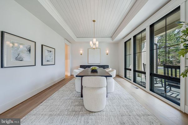 Dining room, Interior, Pendant Lights, Wood Texture Flooring
