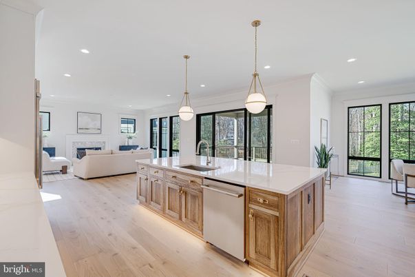 Fireplace, Interior, Kitchen, Living room, Pendant Lights, Recessed Lighting, Stainless Steel Appliances, Wood Texture Flooring