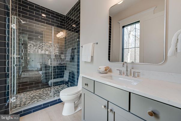 Bathroom, Glass Shower, Interior, Recessed Lighting, Wood Texture Flooring