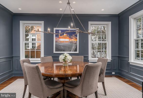 Dining room, Interior, Pendant Lights, Recessed Lighting, Wood Texture Flooring