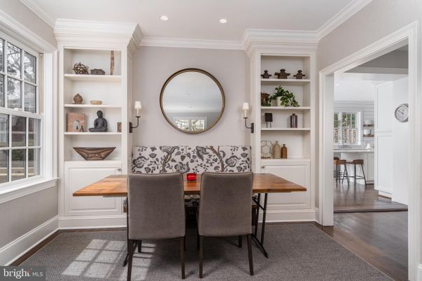 Dining room, Interior, Recessed Lighting, Wood Texture Flooring