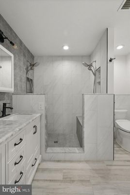 Bathroom, Glass Shower, Interior, Marble, Marble Walls, Recessed Lighting