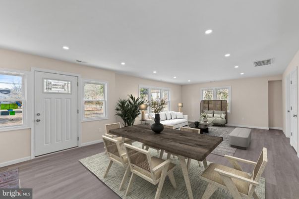 Dining room, Interior, Living room, Recessed Lighting, Wood Texture Flooring
