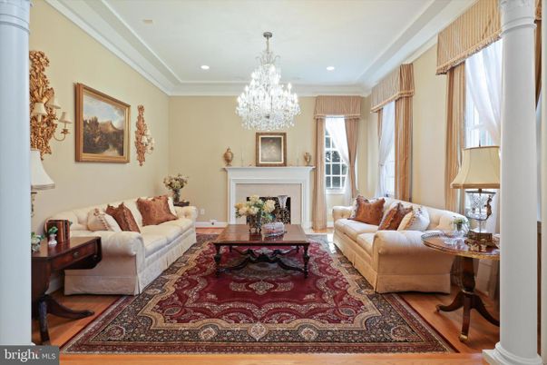 Chandelier, Fireplace, Interior, Living room, Recessed Lighting, Wood Texture Flooring