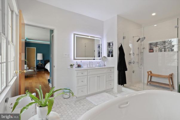 Bathroom, Glass Shower, Interior, Recessed Lighting, Wood Texture Flooring