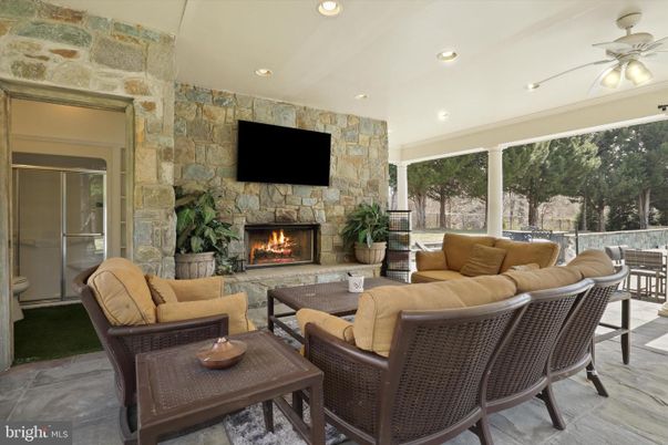 Fireplace, Interior, Living room, Recessed Lighting, Stone Walls