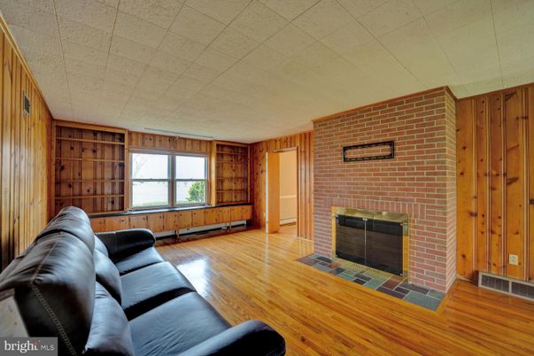 Fireplace, Interior, Living room, Stone Walls, Wood Texture Flooring, Wooden Walls