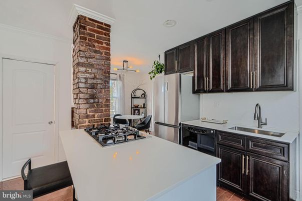 Interior, Kitchen, Recessed Lighting, Stone Walls, Wood Texture Flooring