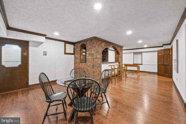 Dining room, Interior, Recessed Lighting, Stone Walls, Wood Texture Flooring