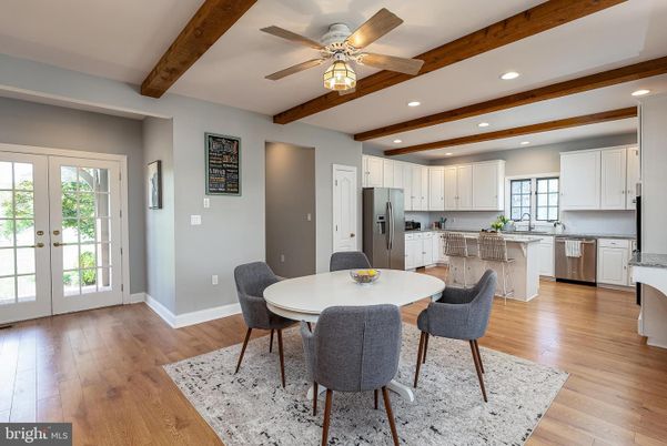 Dining room, Interior, Kitchen, Recessed Lighting, Stainless Steel Appliances, Wooden Beams, Wood Texture Flooring
