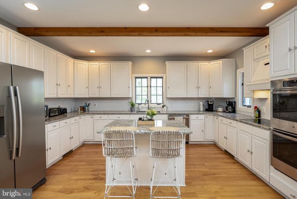 Interior, Kitchen, Recessed Lighting, Stainless Steel Appliances, Wooden Beams, Wood Texture Flooring