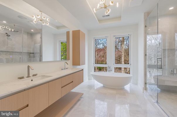 Bathroom, Dual Sink Vanities, Free Standing Baths, Glass Shower, Interior, Marble, Recessed Lighting