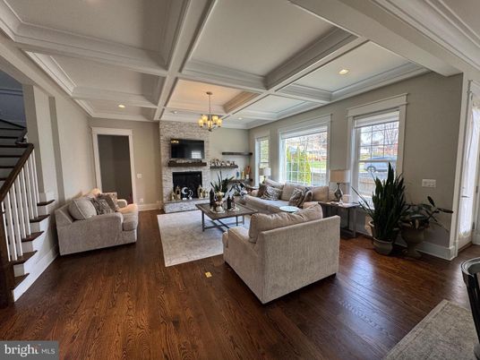 Chandelier, Fireplace, Interior, Living room, Recessed Lighting, Wood Texture Flooring