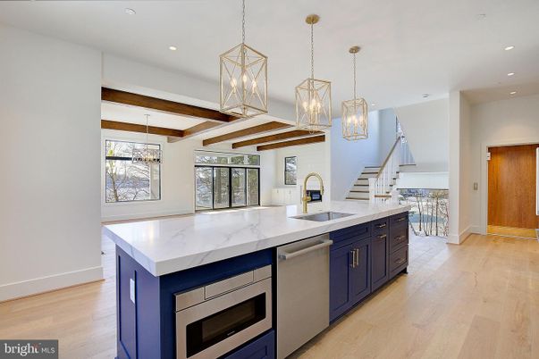 Interior, Kitchen, Pendant Lights, Recessed Lighting, Stainless Steel Appliances, Wooden Beams, Wood Texture Flooring