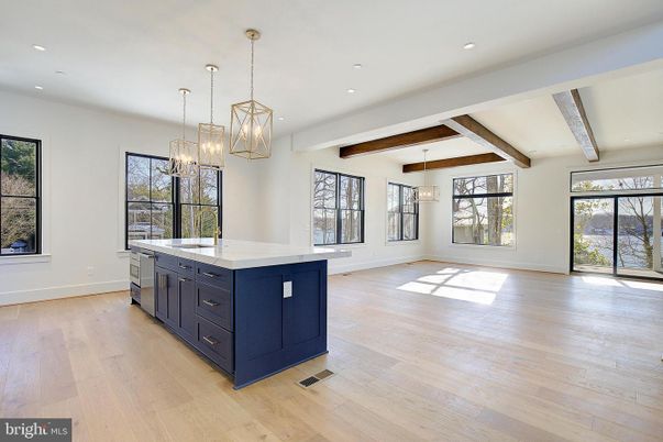Chandelier, Interior, Kitchen, Pendant Lights, Recessed Lighting, Wooden Beams, Wood Texture Flooring