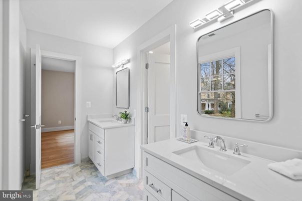 Bathroom, Dual Sink Vanities, Interior, Marble, Wood Texture Flooring