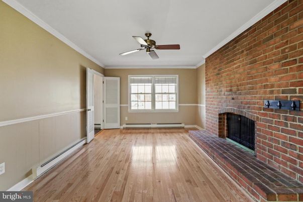 Empty room, Fireplace, Interior, Stone Walls, Wood Texture Flooring