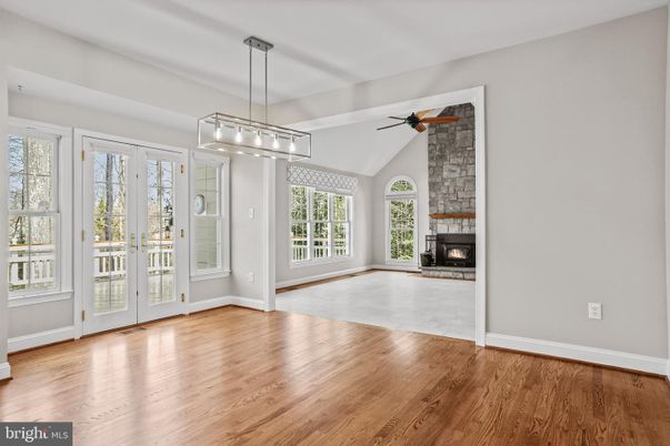 Empty room, Fireplace, Interior, Pendant Lights, Wood Texture Flooring