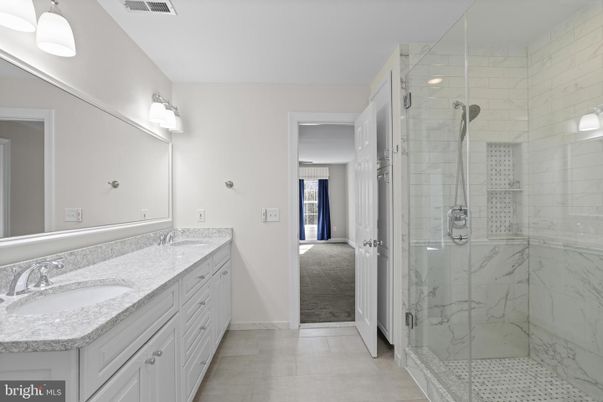 Bathroom, Dual Sink Vanities, Glass Shower, Interior, Marble Walls
