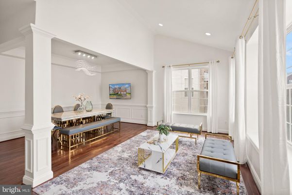 Dining room, Interior, Living room, Recessed Lighting, Wood Texture Flooring