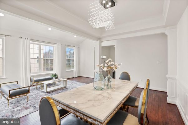 Chandelier, Dining room, Interior, Living room, Pendant Lights, Recessed Lighting, Wood Texture Flooring