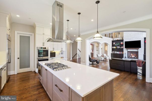 Fireplace, Interior, Kitchen, Living room, Pendant Lights, Recessed Lighting, Stainless Steel Appliances, Wood Texture Flooring
