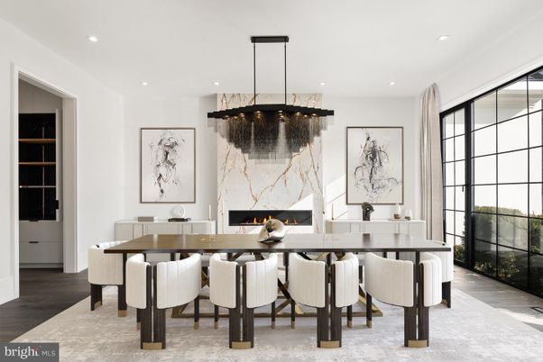 Dining room, Fireplace, Interior, Pendant Lights, Recessed Lighting, Wood Texture Flooring