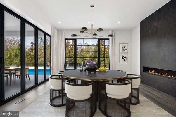 Dining room, Fireplace, Interior, Pendant Lights, Recessed Lighting, Wood Texture Flooring