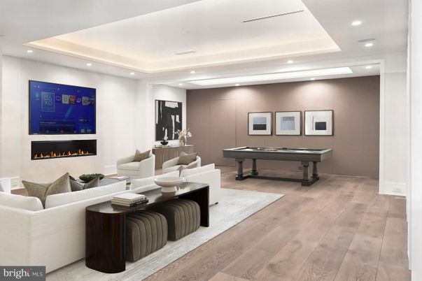 Billiard Table, Fireplace, Game Room, Interior, Living room, Recessed Lighting, Wood Texture Flooring
