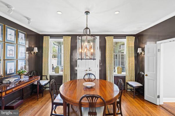 Dining room, Interior, Pendant Lights, Recessed Lighting, Wood Texture Flooring