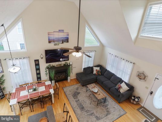 Dining room, Fireplace, Interior, Living room, Pendant Lights, Wood Texture Flooring