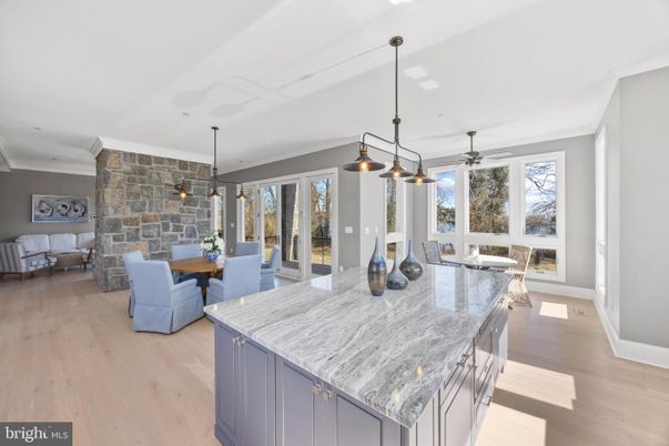 Dining room, Interior, Pendant Lights, Stone Walls, Wood Texture Flooring
