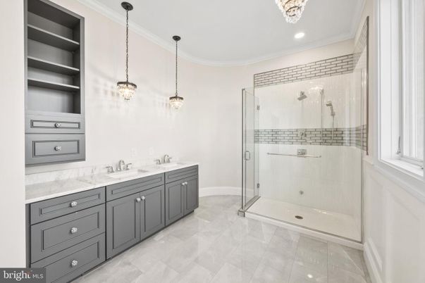 Bathroom, Dual Sink Vanities, Glass Shower, Interior, Pendant Lights, Recessed Lighting