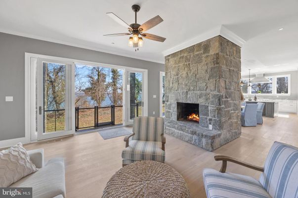 Fireplace, Interior, Pendant Lights, Recessed Lighting, Stone Walls, Wood Texture Flooring