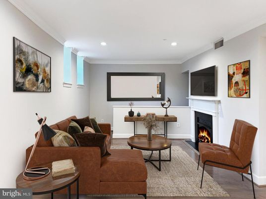 Fireplace, Interior, Living room, Projection Screen, Recessed Lighting, Wood Texture Flooring