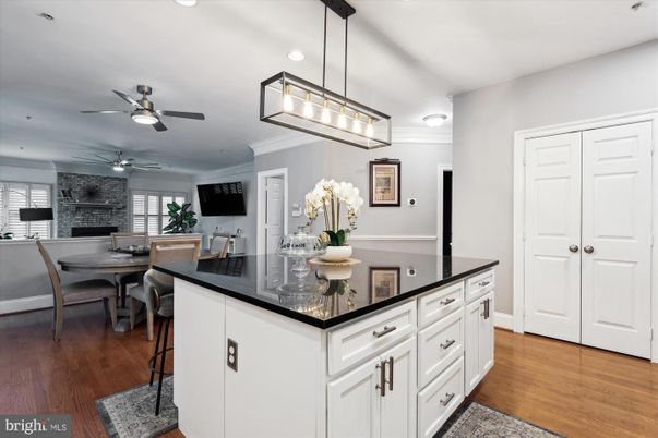 Dining room, Fireplace, Interior, Kitchen, Pendant Lights, Recessed Lighting, Stone Walls, Wood Texture Flooring