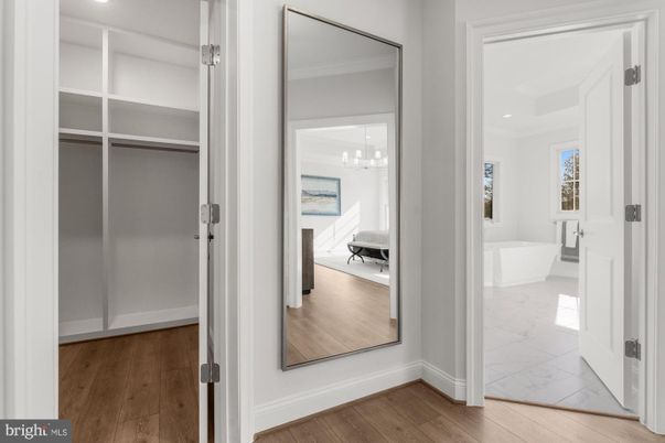 Bathroom, Free Standing Baths, Interior, Marble, Recessed Lighting, Wood Texture Flooring