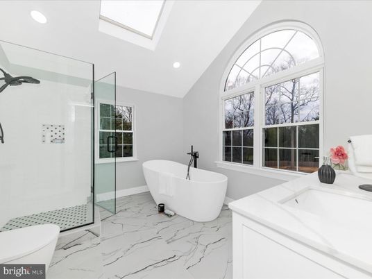 Bathroom, Free Standing Baths, Glass Shower, Interior, Marble, Recessed Lighting