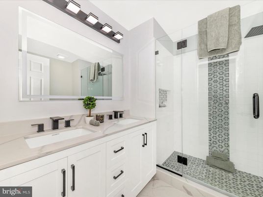 Bathroom, Dual Sink Vanities, Glass Shower, Interior, Marble