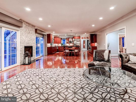 Dining room, Fireplace, Interior, Kitchen, Living room, Pendant Lights, Recessed Lighting, Stone Walls, Wood Texture Flooring