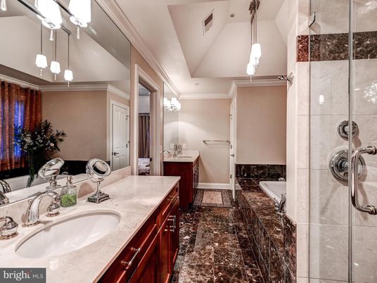 Bathroom, Dual Sink Vanities, Glass Shower, Interior, Pendant Lights