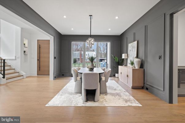 Dining room, Interior, Pendant Lights, Recessed Lighting, Wood Texture Flooring