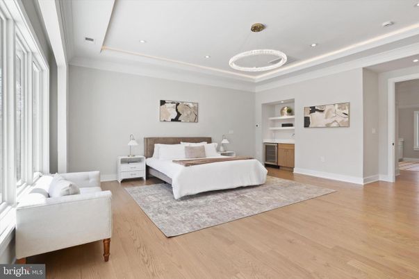 Bedroom, Interior, Pendant Lights, Recessed Lighting, Wood Texture Flooring