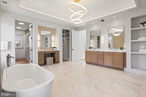 Bathroom, Dual Sink Vanities, Free Standing Baths, Interior, Marble, Pendant Lights, Recessed Lighting