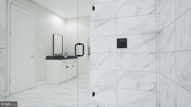 Bathroom, Glass Shower, Interior, Marble, Marble Walls, Recessed Lighting
