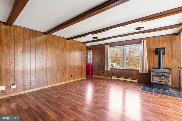Empty room, Fireplace, Interior, Wooden Beams, Wood Texture Flooring, Wooden Walls