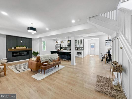 Fireplace, Interior, Kitchen, Living room, Pendant Lights, Recessed Lighting, Wood Texture Flooring