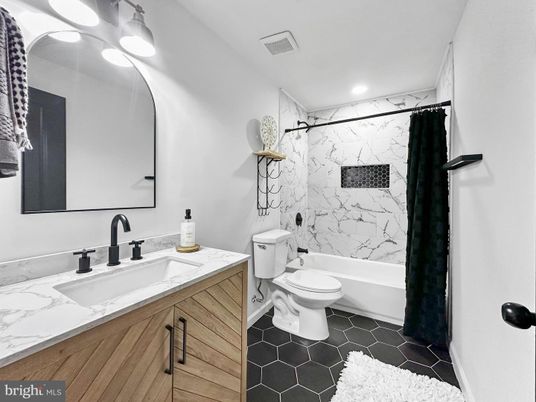 Bathroom, Dual Sink Vanities, Interior, Marble Walls, Recessed Lighting